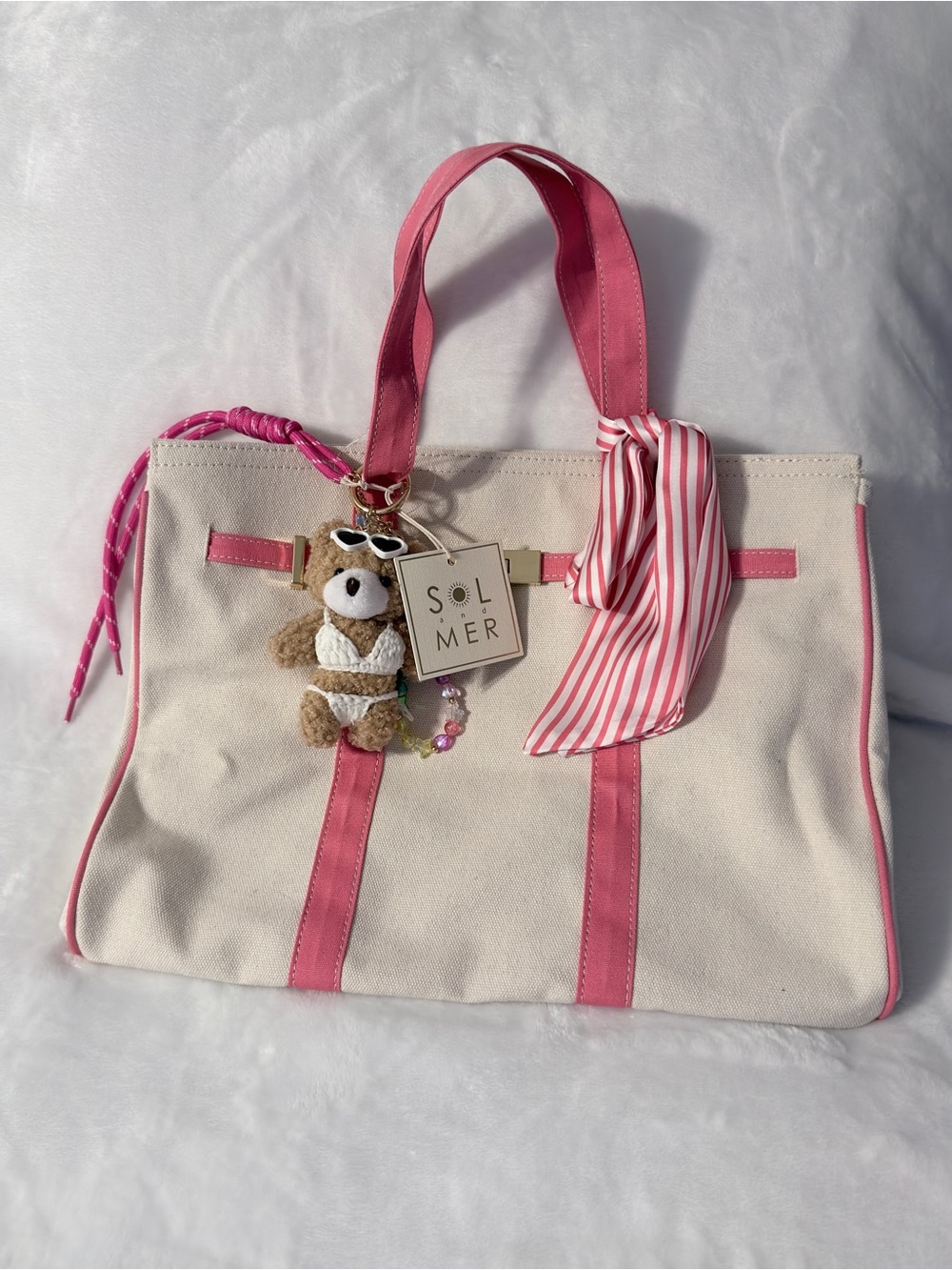 Solmer Cream & Pink Canvas Tote Bag with Striped Scarf
